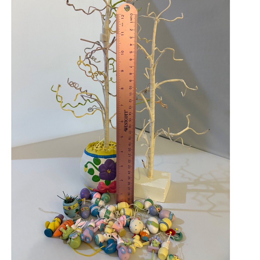 2 Easter Egg Trees with 36‎ Wooden Ornaments Spring Decor Rabbits Ducks Chicks - Picture 4 of 9